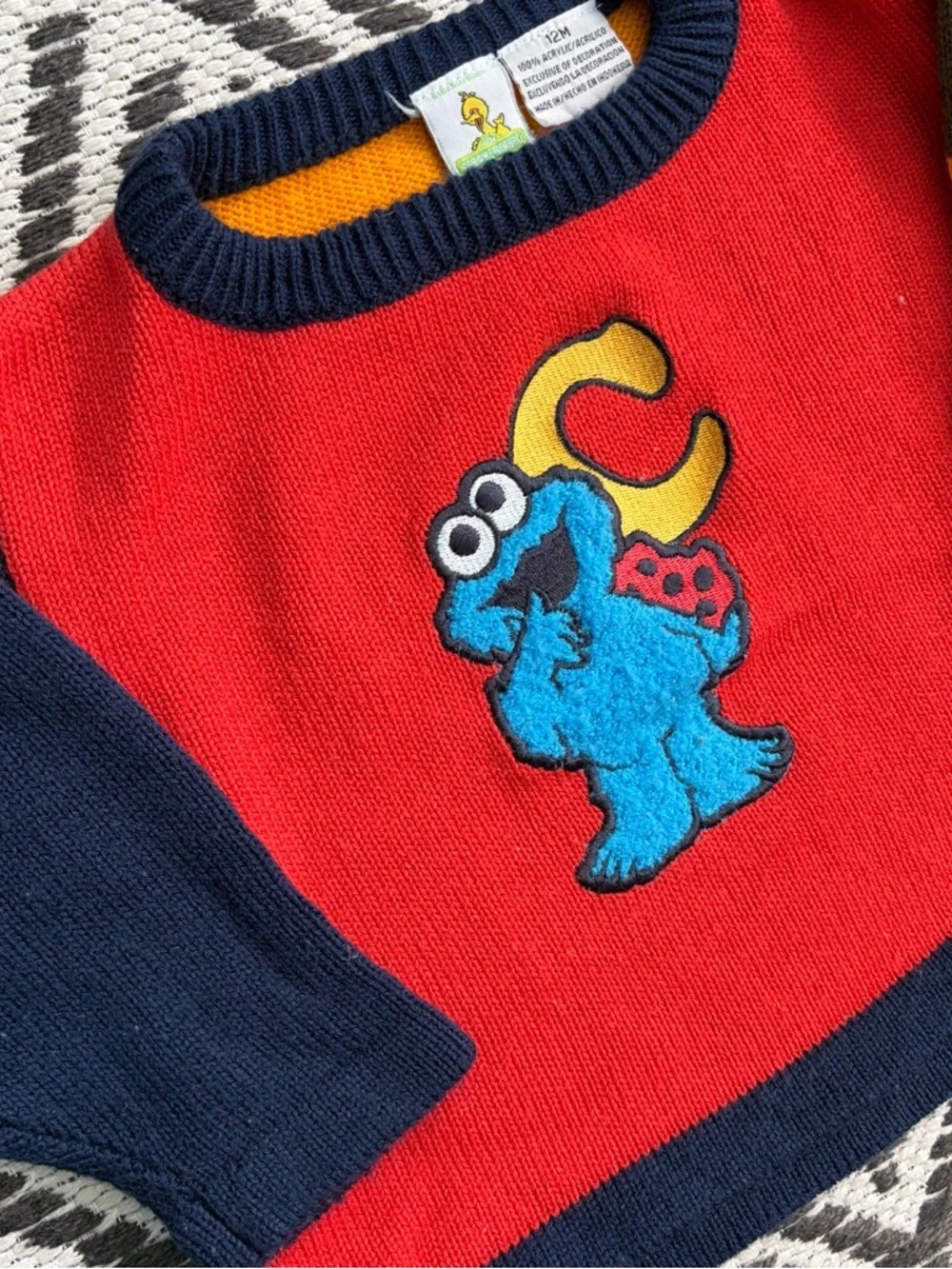 Vtg 70’s Sesame Street Toddler Cookie Monster Sweater Sz 12M Color Block Knit
